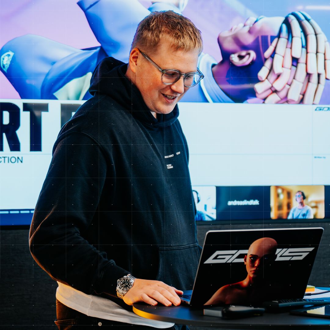 Man presenting the art direction of GOALS