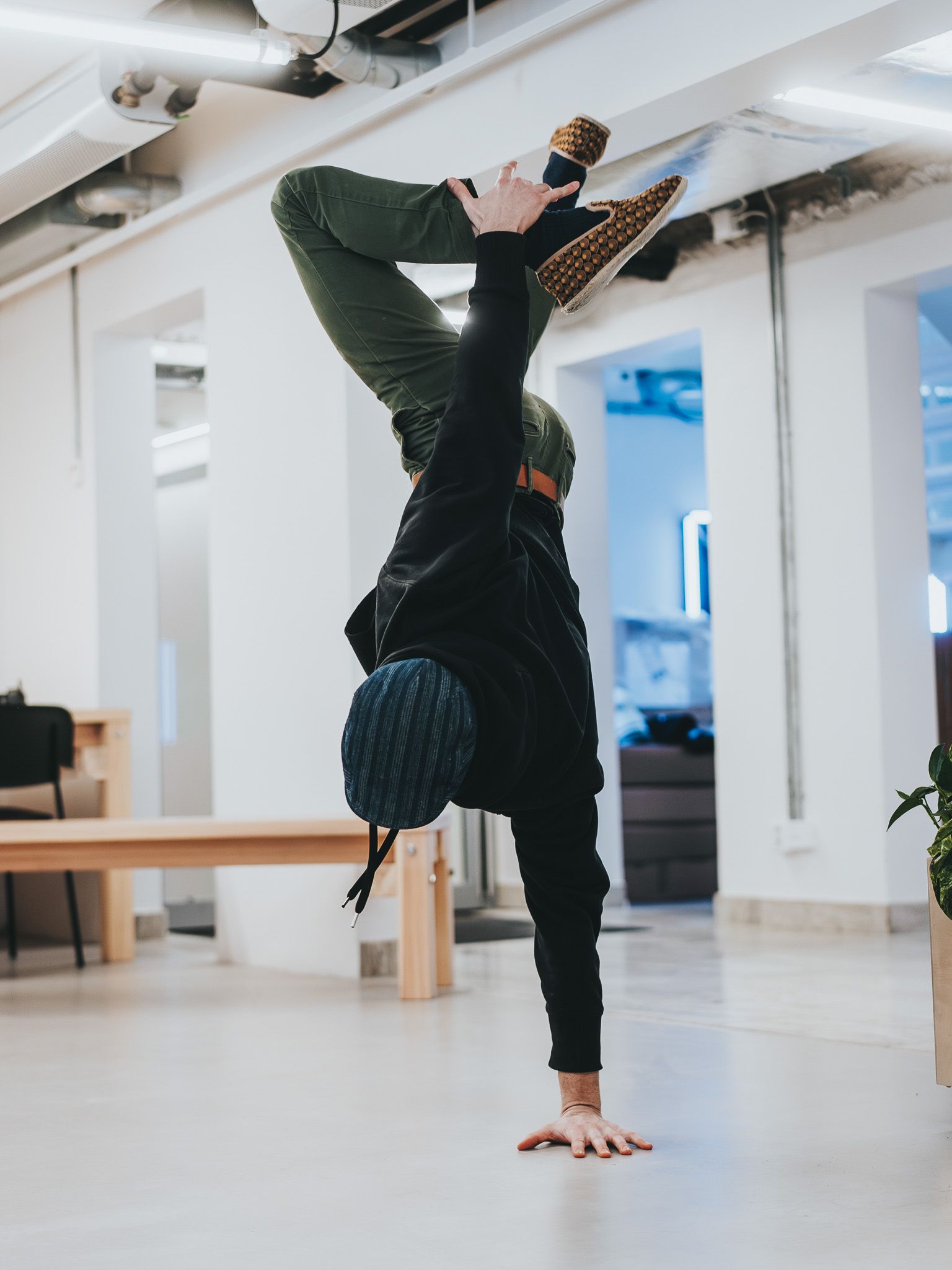 Engineer doing a handstand